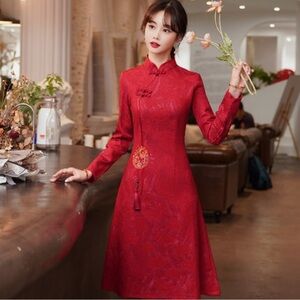 Cheongsam Long Sleeve Chinese Traditional Qipao Dress Sz L